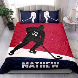 Personalized Hockey Quilt Bedding Set, Hockey Boy Red Blue Quilt Blanket With Pillowcases, Custom Name and Number Duvet Cover Set