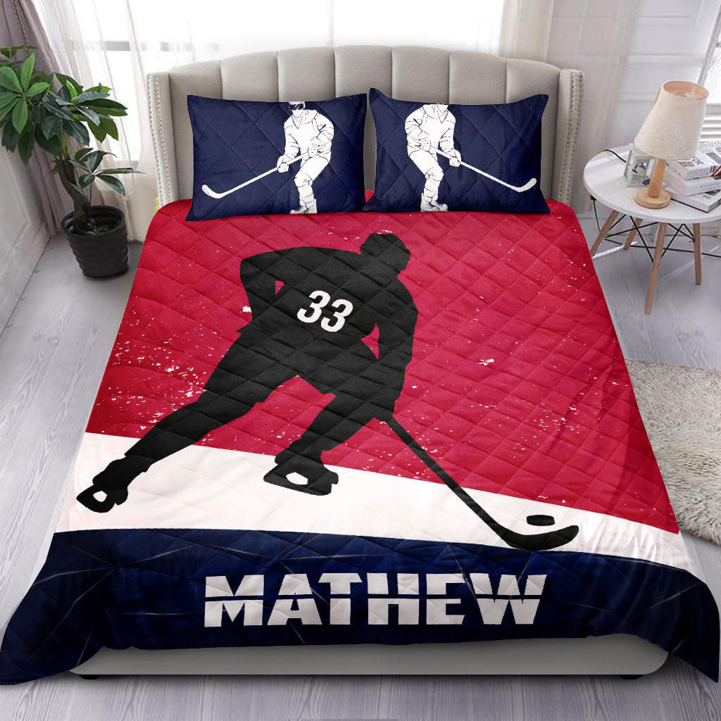 Personalized Hockey Quilt Bedding Set, Hockey Boy Red Blue Quilt Blanket With Pillowcases, Custom Name and Number Duvet Cover Set