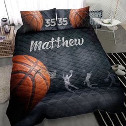 Personalized Basketball Quilt Bedding Set, Basketball Ball Slam Dunk Quilt Blanket With Pillowcases, Custom Name and Number Duvet Cover Set