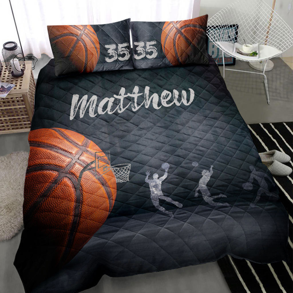 Personalized Basketball Quilt Bedding Set, Basketball Ball Slam Dunk Quilt Blanket With Pillowcases, Custom Name and Number Duvet Cover Set