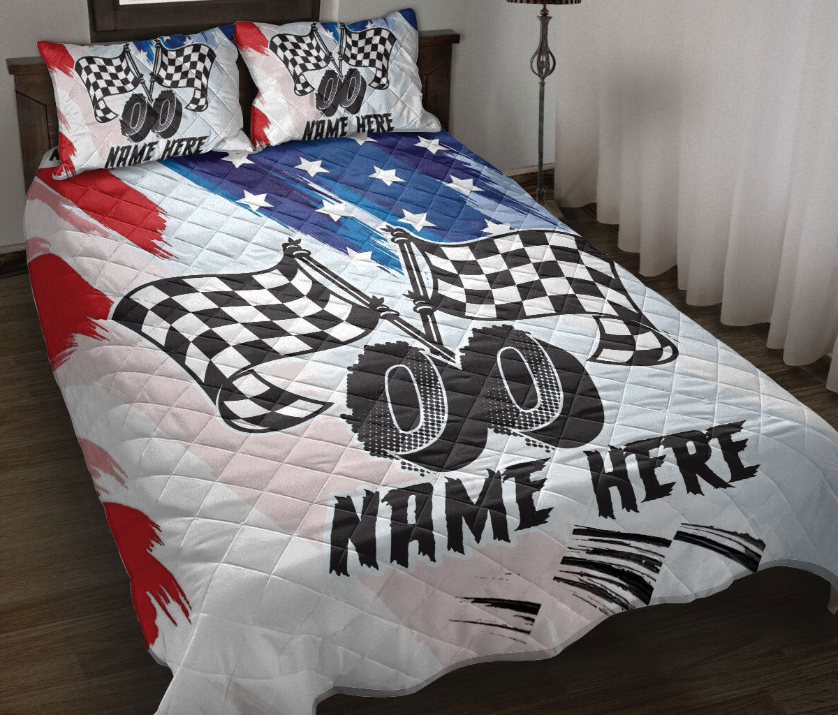 Personalized Racing Quilt Bedding Set, Racing Racer Quilt Blanket With Pillowcases, Custom Name and Number Duvet Cover Set