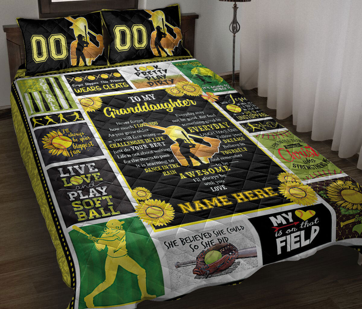 Personalized Softball Quilt Bedding Set, Softball Granddaughter Quilt Blanket With Pillowcases, Custom Name and Number Duvet Cover Set
