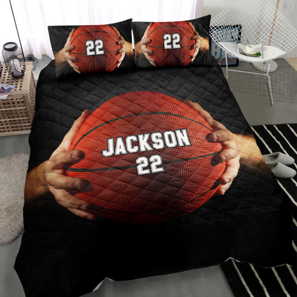 Personalized Basketball Quilt Bedding Set, Basketball Hand Ball Black Quilt Blanket With Pillowcases, Custom Name and Number Duvet Cover Set