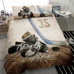 Personalized Hockey Quilt Bedding Set, Hockey Shoe Quilt Blanket With Pillowcases, Custom Name and Number Duvet Cover Set