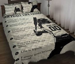 Personalized Softball Quilt Bedding Set, Softball Lesson Quilt Blanket With Pillowcases, Custom Name and Number Duvet Cover Set