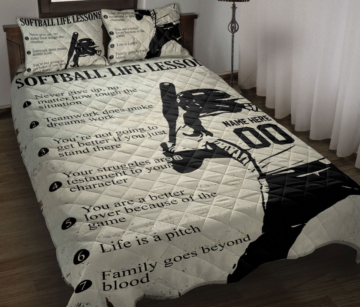 Personalized Softball Quilt Bedding Set, Softball Lesson Quilt Blanket With Pillowcases, Custom Name and Number Duvet Cover Set