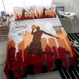 Personalized Basketball Quilt Bedding Set, Basketball Slam Dunk Retro Quilt Blanket With Pillowcases, Custom Name and Number Duvet Cover Set