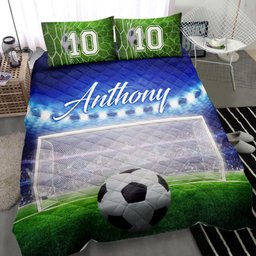 Personalized Soccer Quilt Bedding Set, Soccer Ball Goal Field Blue Quilt Blanket With Pillowcases, Custom Name and Number Duvet Cover Set
