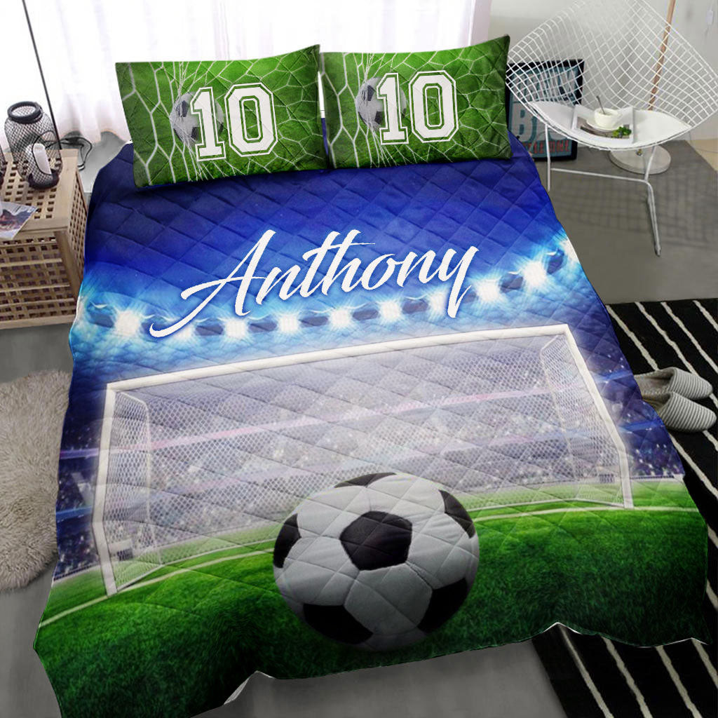 Personalized Soccer Quilt Bedding Set, Soccer Ball Goal Field Blue Quilt Blanket With Pillowcases, Custom Name and Number Duvet Cover Set