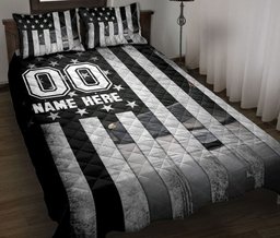 Personalized Hockey Quilt Bedding Set, Hockey Puck American US Flag Quilt Blanket With Pillowcases, Custom Name and Number Duvet Cover Set