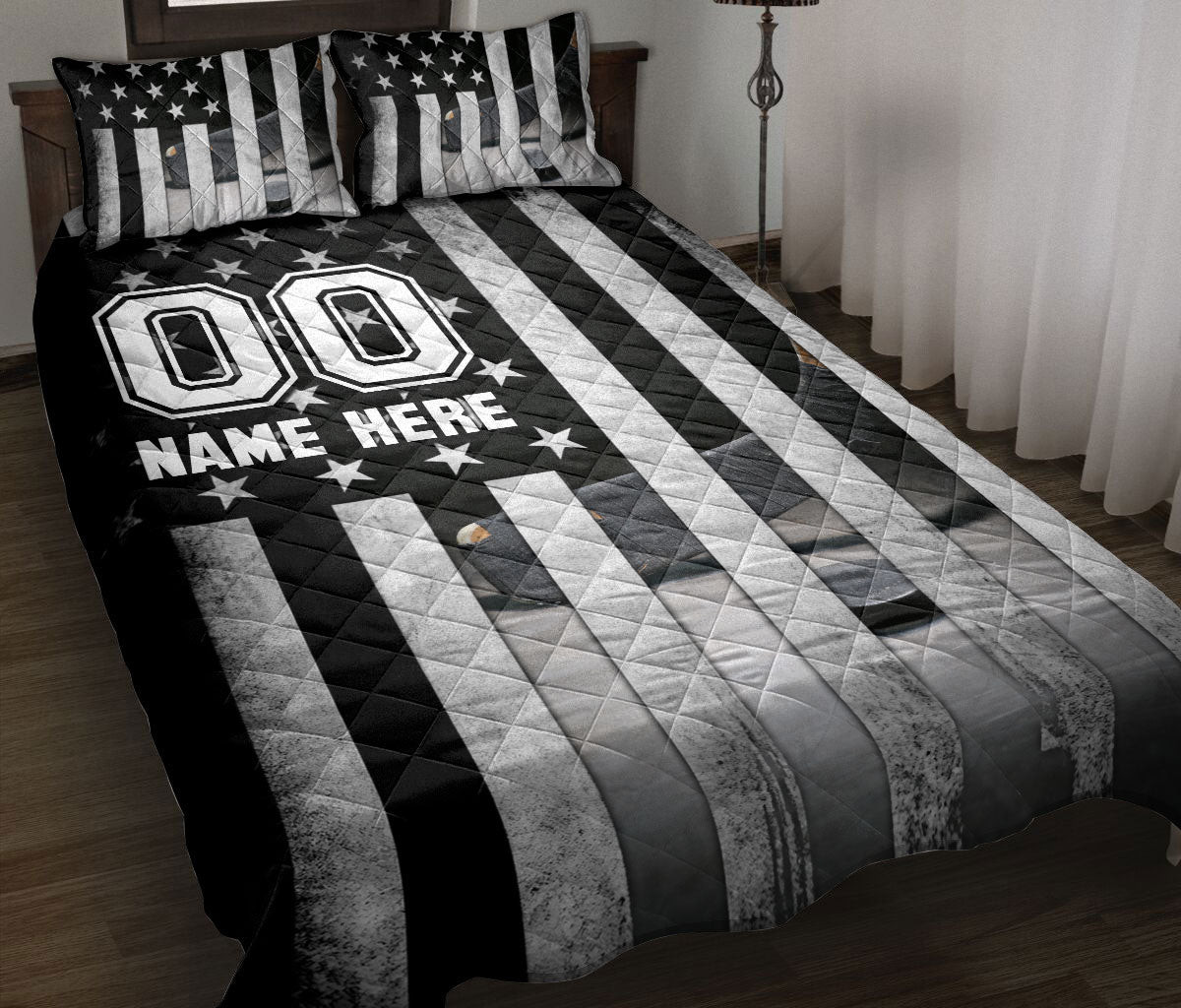 Personalized Hockey Quilt Bedding Set, Hockey Puck American US Flag Quilt Blanket With Pillowcases, Custom Name and Number Duvet Cover Set