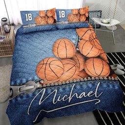 Personalized Basketball Quilt Bedding Set, Basketball Ball Jeans Blue Quilt Blanket With Pillowcases, Custom Name and Number Duvet Cover Set