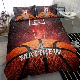 Personalized Basketball Quilt Bedding Set, Basketball Ball Red Smoke Quilt Blanket With Pillowcases, Custom Name and Number Duvet Cover Set