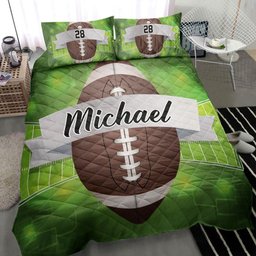 Personalized Football Quilt Bedding Set, Football Ball Green Quilt Blanket With Pillowcases, Custom Name and Number Duvet Cover Set