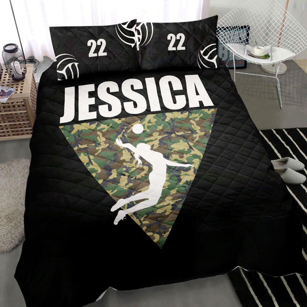 Personalized Volleyball Quilt Bedding Set, Volleyball Girl Triangle Black Quilt Blanket With Pillowcases, Custom Name and Number Duvet Cover Set