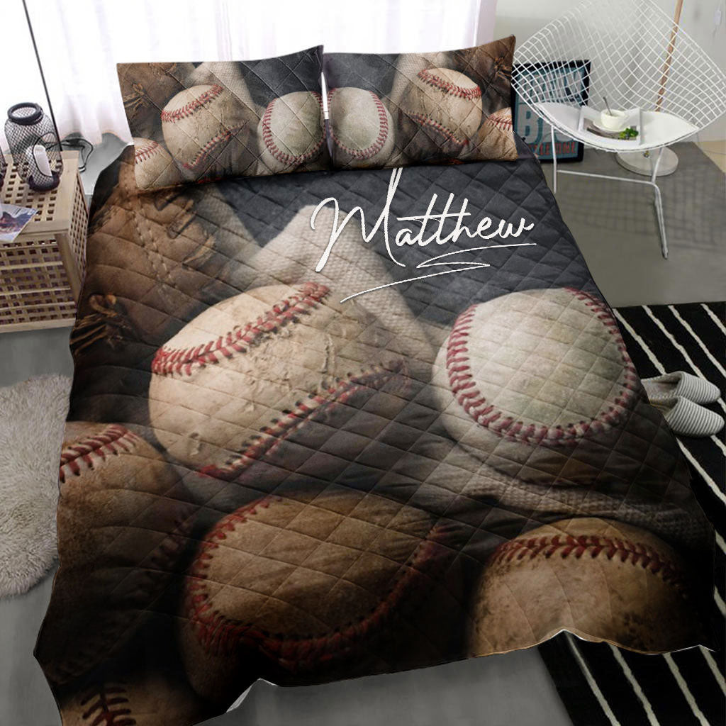 Personalized Baseball Quilt Bedding Set, Baseball Ball 3D Printed Quilt Blanket With Pillowcases, Custom Name and Number Duvet Cover Set, Sports Gifts