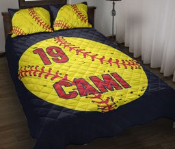 Personalized Softball Quilt Bedding Set, Softball Black Ball Quilt Blanket With Pillowcases, Custom Name and Number Duvet Cover Set