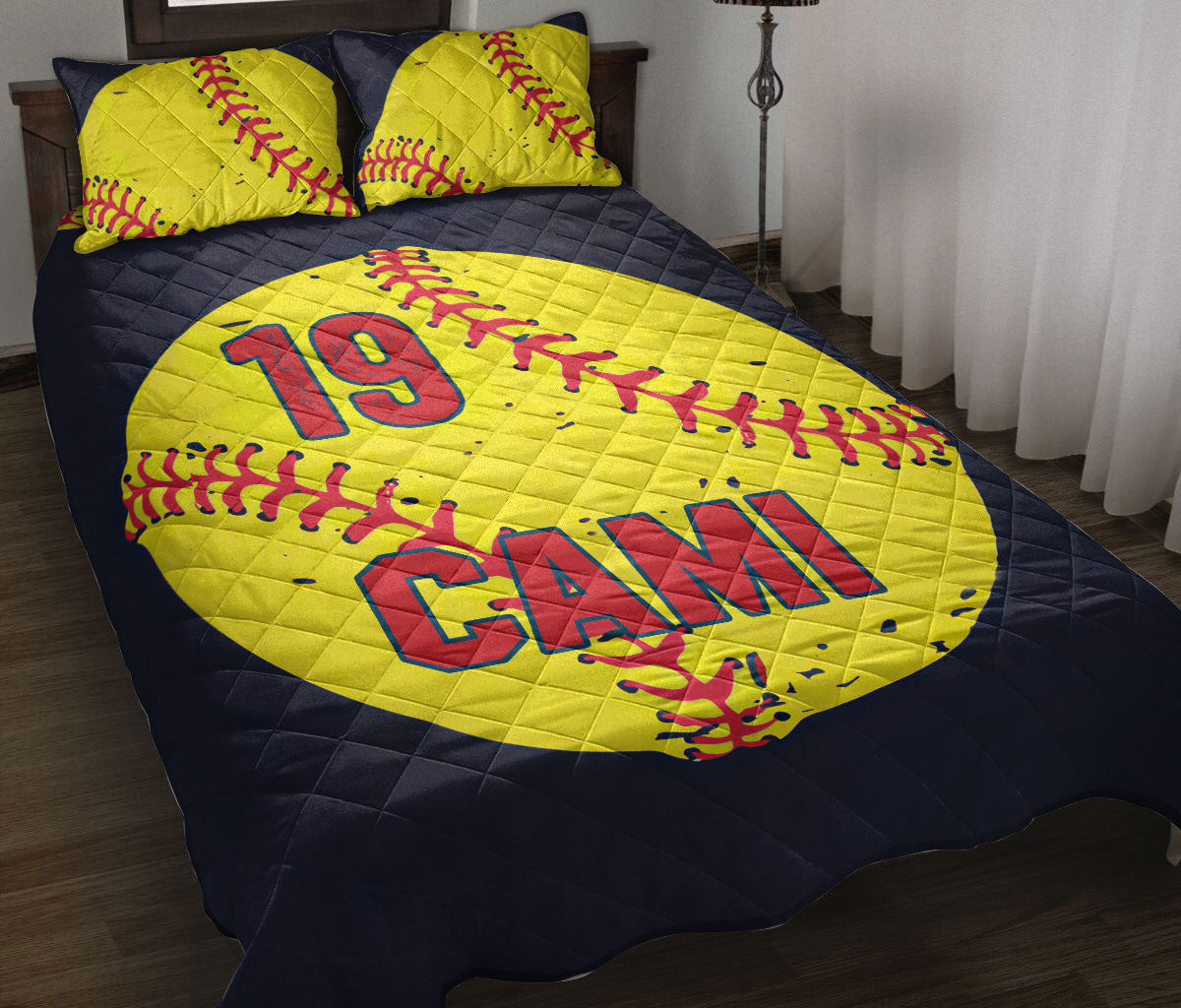 Personalized Softball Quilt Bedding Set, Softball Black Ball Quilt Blanket With Pillowcases, Custom Name and Number Duvet Cover Set