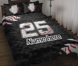 Personalized Baseball Quilt Bedding Set, Baseball White Ball Black Quilt Blanket With Pillowcases, Custom Name and Number Duvet Cover Set, Sports Gifts