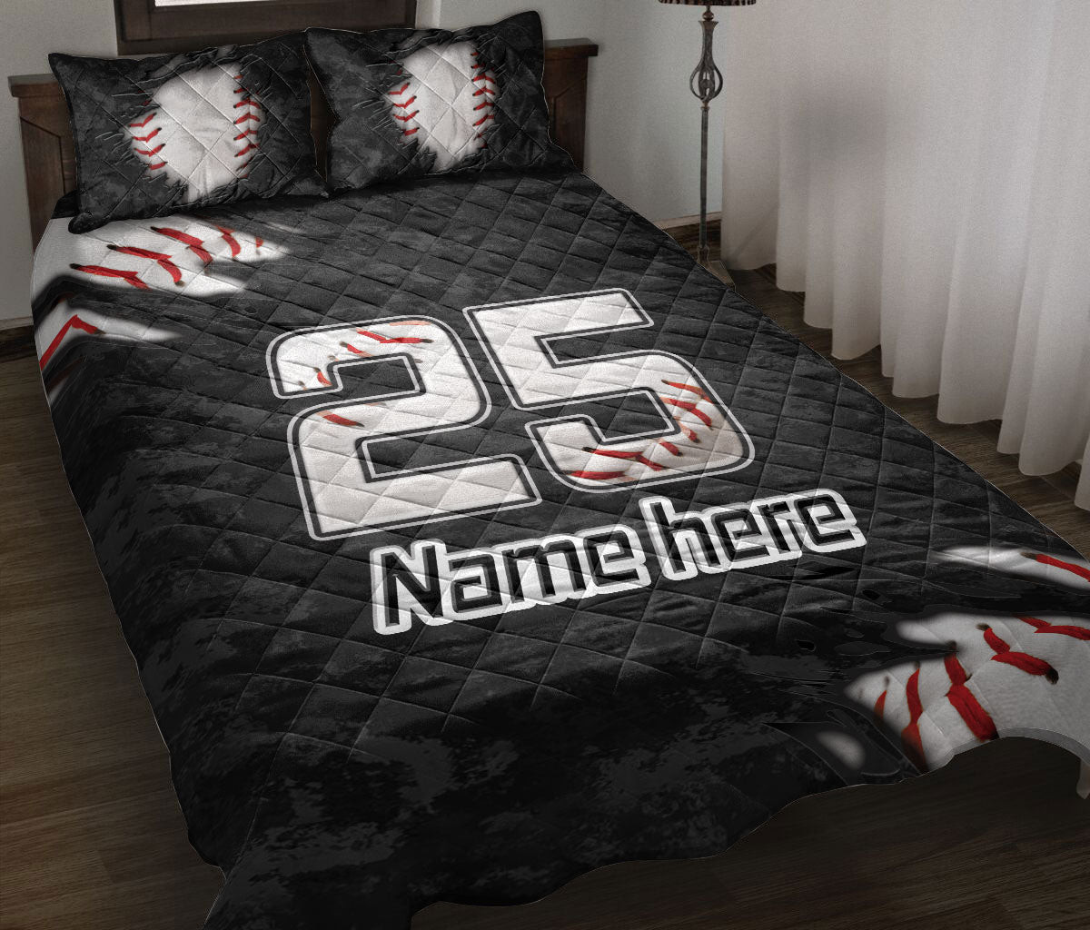 Personalized Baseball Quilt Bedding Set, Baseball White Ball Black Quilt Blanket With Pillowcases, Custom Name and Number Duvet Cover Set, Sports Gifts