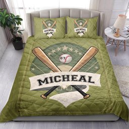 Personalized Baseball Quilt Bedding Set, Baseball Star Ball Green Quilt Blanket With Pillowcases, Custom Name and Number Duvet Cover Set, Sports Gifts