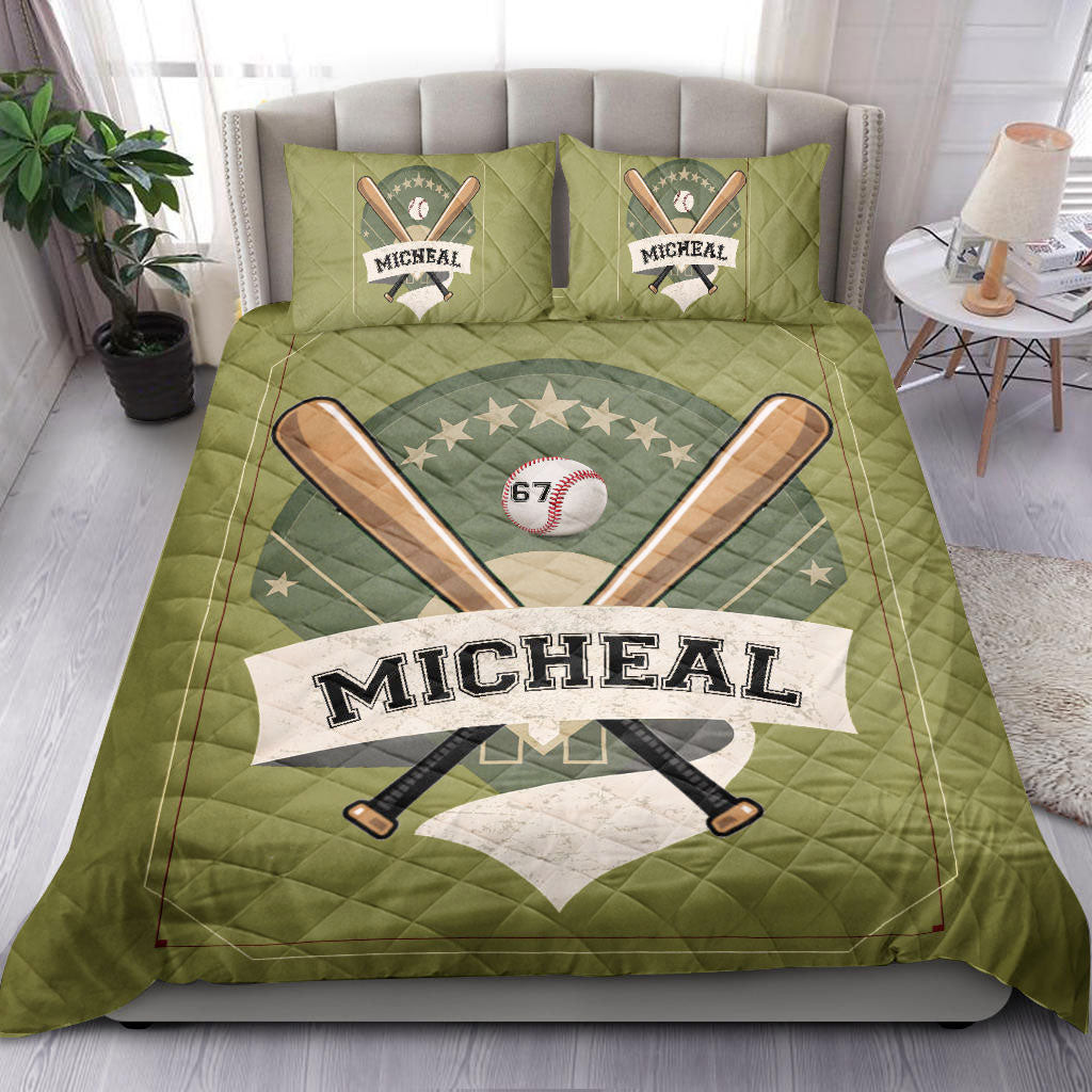 Personalized Baseball Quilt Bedding Set, Baseball Star Ball Green Quilt Blanket With Pillowcases, Custom Name and Number Duvet Cover Set, Sports Gifts