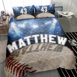 Personalized Baseball Quilt Bedding Set, Baseball Ball Stadium Blue Quilt Blanket With Pillowcases, Custom Name and Number Duvet Cover Set, Sports Gifts