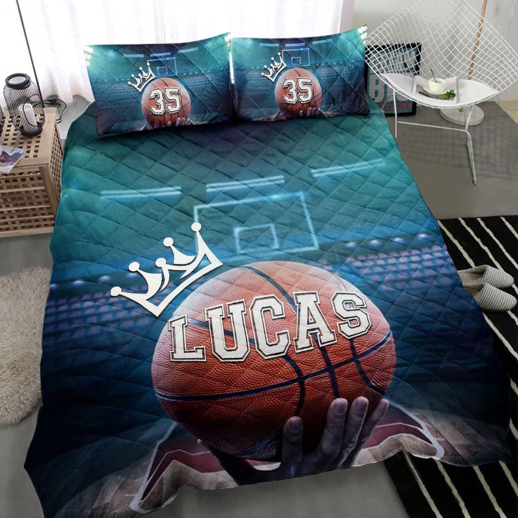 Personalized Basketball Quilt Bedding Set, Basketball King Ball 3D Print Quilt Blanket With Pillowcases, Custom Name and Number Duvet Cover Set