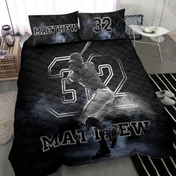 Personalized Baseball Quilt Bedding Set, Baseball Fog Batter Black Quilt Blanket With Pillowcases, Custom Name and Number Duvet Cover Set, Sports Gifts