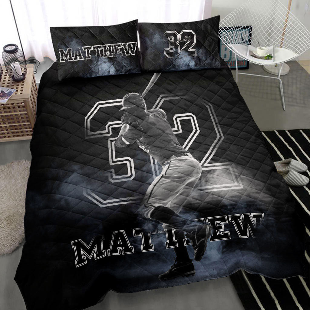 Personalized Baseball Quilt Bedding Set, Baseball Fog Batter Black Quilt Blanket With Pillowcases, Custom Name and Number Duvet Cover Set, Sports Gifts