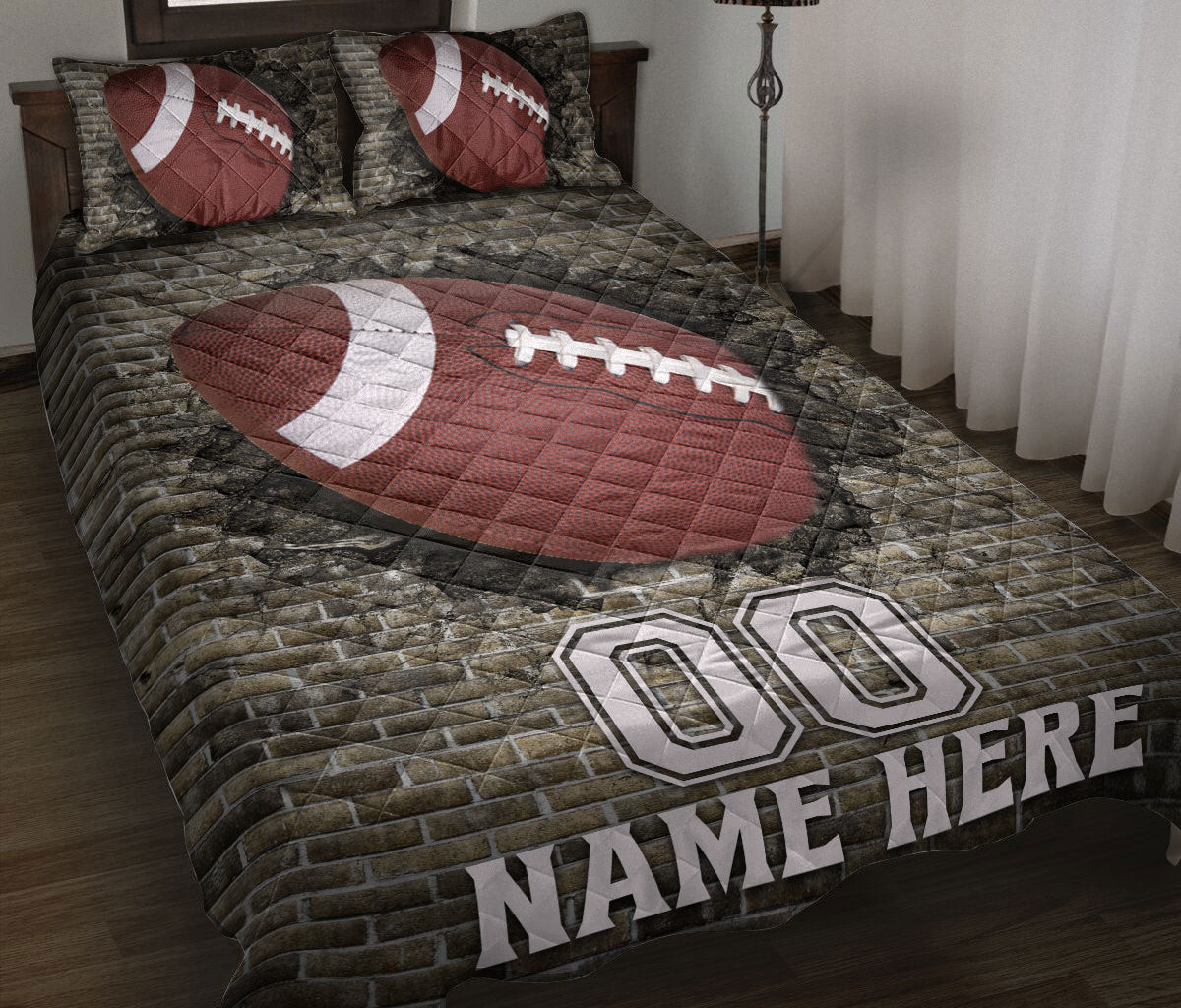Personalized Football Quilt Bedding Set, Football Ball Wall Crack Quilt Blanket With Pillowcases, Custom Name and Number Duvet Cover Set