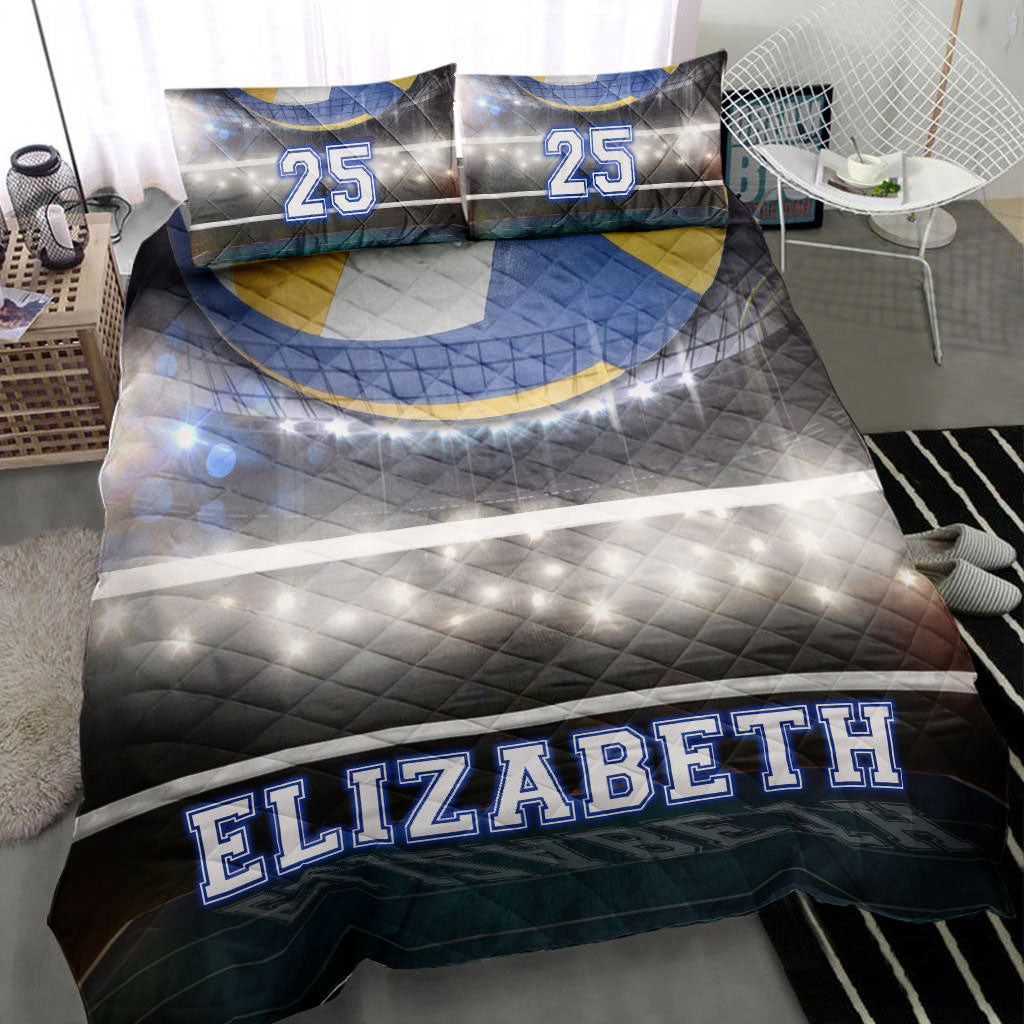 Personalized Volleyball Quilt Bedding Set, Volleyball Stadium Light Quilt Blanket With Pillowcases, Custom Name and Number Duvet Cover Set