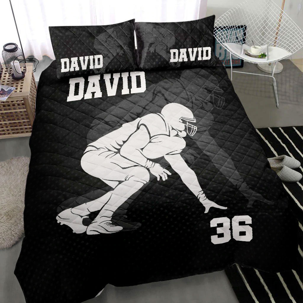 Personalized Football Quilt Bedding Set, Football Boy Black Shadow Quilt Blanket With Pillowcases, Custom Name and Number Duvet Cover Set