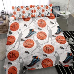 Personalized Basketball Quilt Bedding Set, Basketball Ball Shoe Quilt Blanket With Pillowcases, Custom Name and Number Duvet Cover Set