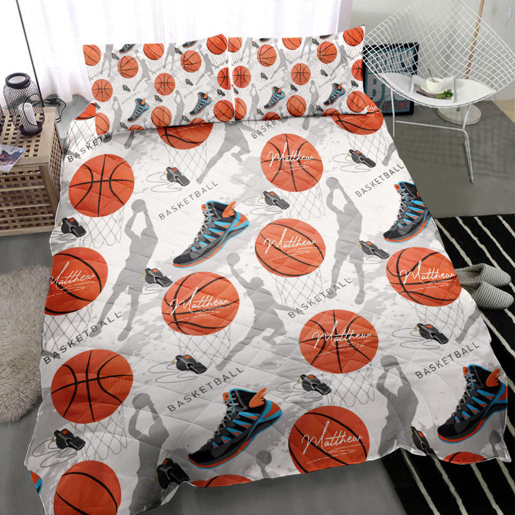 Personalized Basketball Quilt Bedding Set, Basketball Ball Shoe Quilt Blanket With Pillowcases, Custom Name and Number Duvet Cover Set