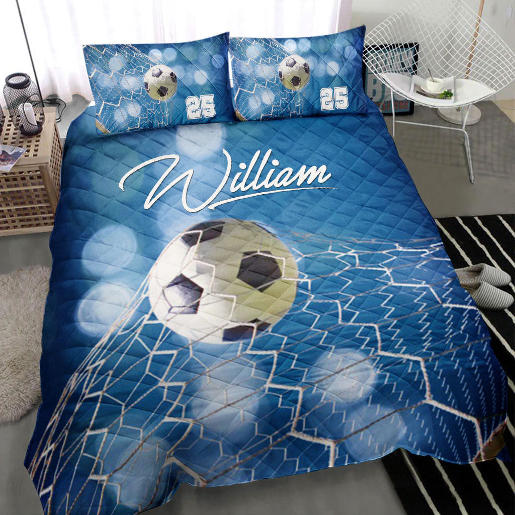 Personalized Soccer Quilt Bedding Set, Soccer Ball Blue Light Quilt Blanket With Pillowcases, Custom Name and Number Duvet Cover Set