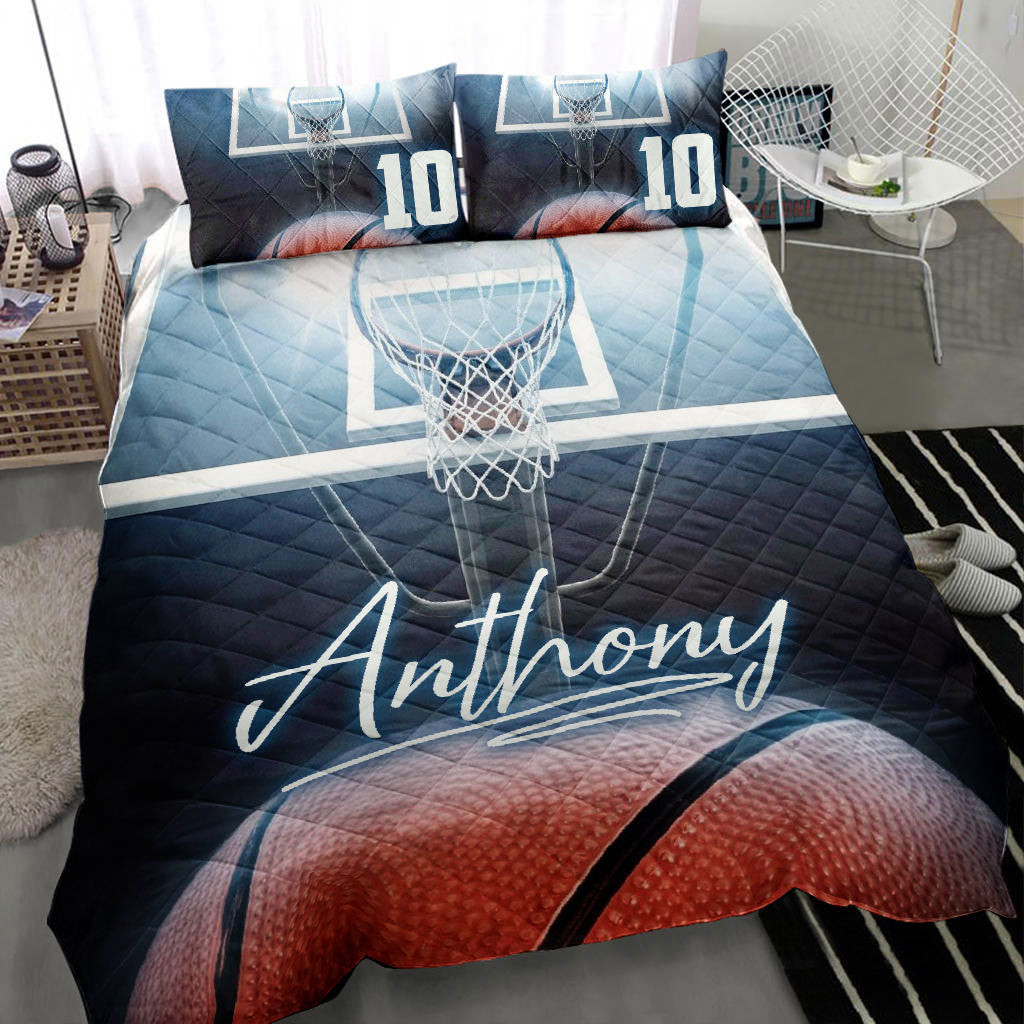 Personalized Basketball Quilt Bedding Set, Basketball Ball Blue Light Quilt Blanket With Pillowcases, Custom Name and Number Duvet Cover Set