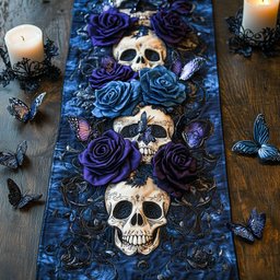 Skull Blue Rose WX2102154CL Quilted Table Runner