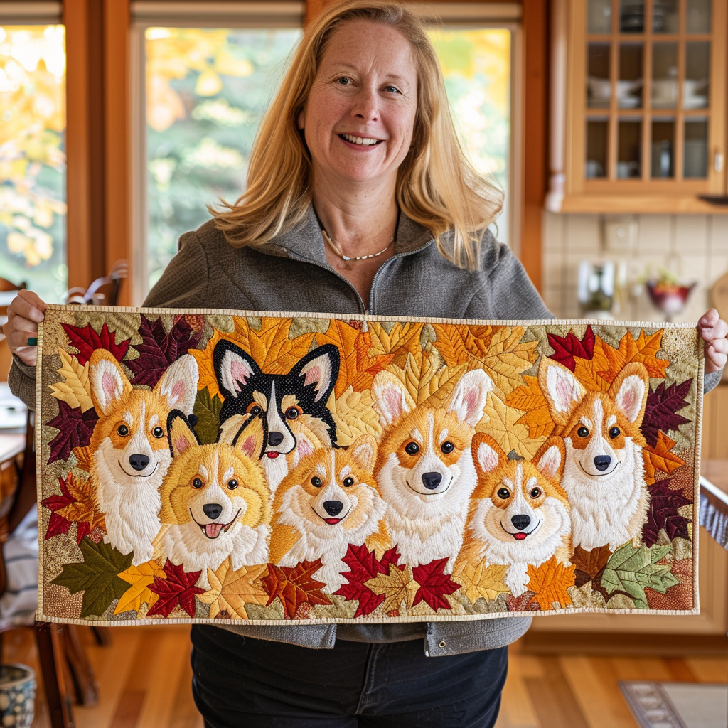 Corgi Dogs And Autumn Leaves XR0409003CL Quilted Table Runner