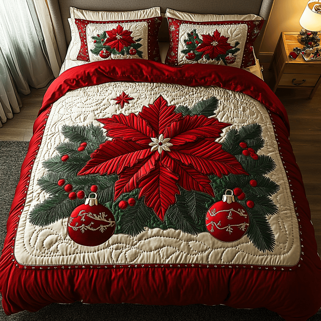 Poinsettia Glow Quilt Bedding Set Holiday Season Quilt Cover Christmas Gifts For Couples