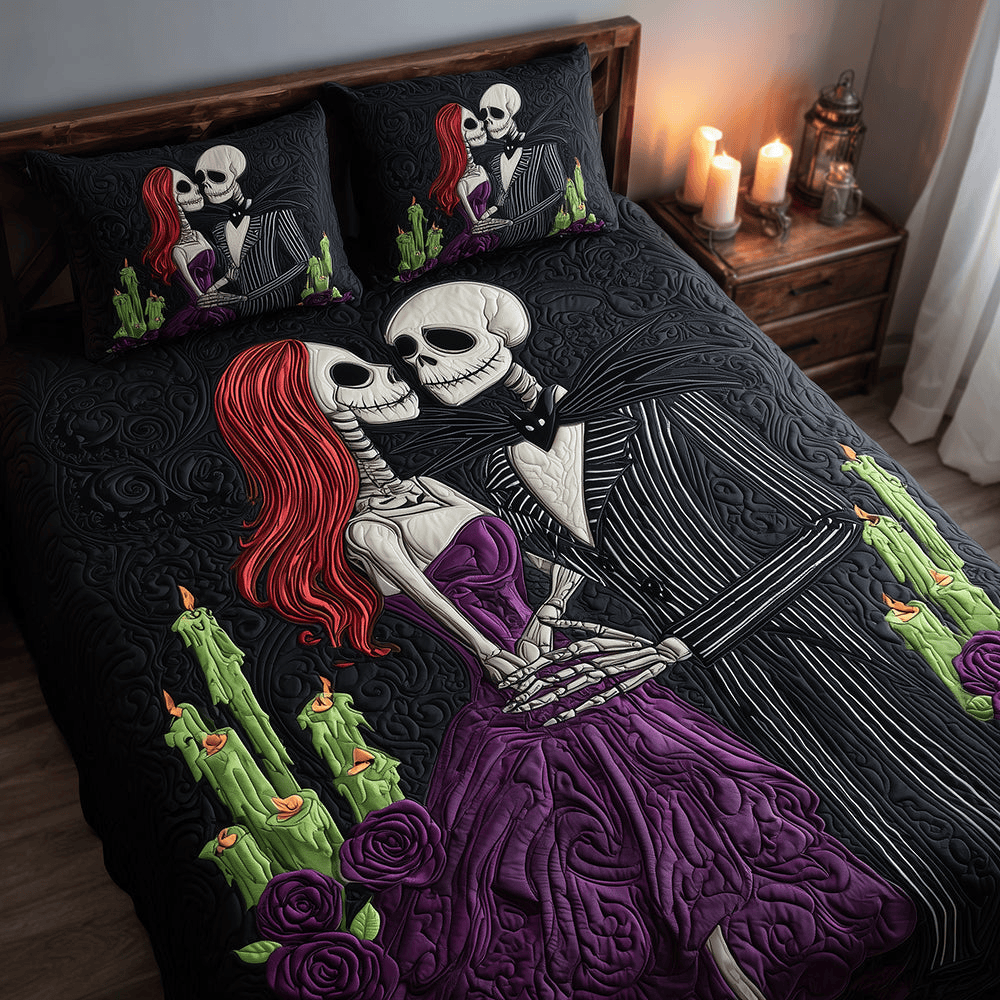 Skeleton Lovers Quilt Bedding Set Halloween Duvet Covers Spooky Gift for Couples