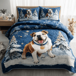 Winter Bulldog Quilt Bedding Set Blue Duvet Cover Christmas Gift For Parents In Law