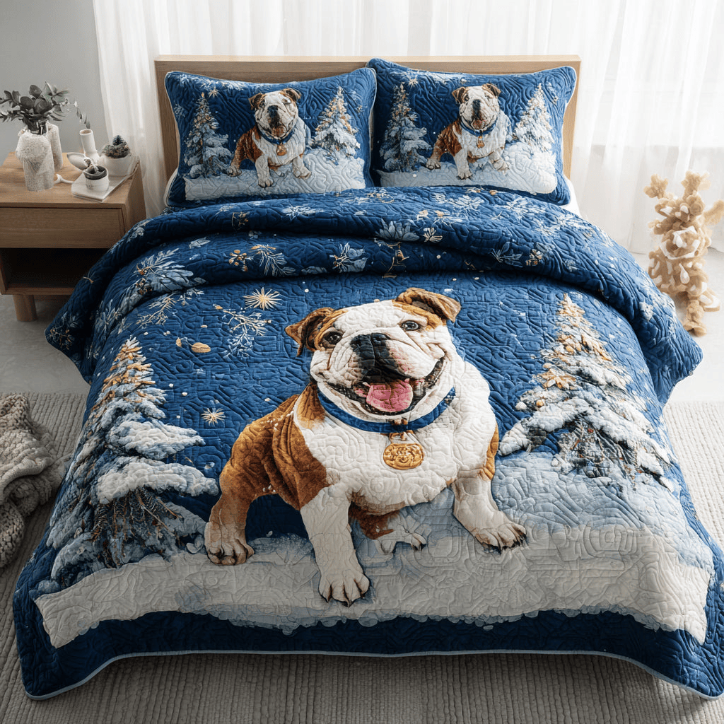 Winter Bulldog Quilt Bedding Set Blue Duvet Cover Christmas Gift For Parents In Law