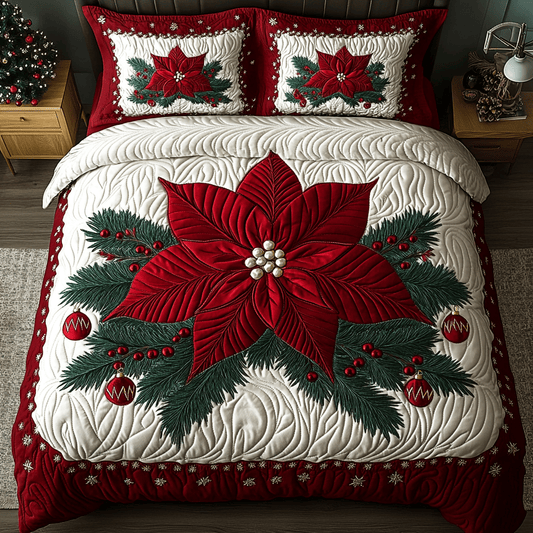 Poinsettia Star Quilt Bedding Set Holiday Season Quilt Cover Unique Christmas Gifts For Family