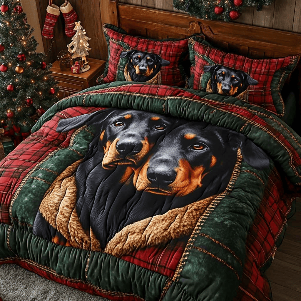 Doberman Duo Quilt Bedding Set Holiday Season Duvet Covers Christmas Gifts For Dog Lovers