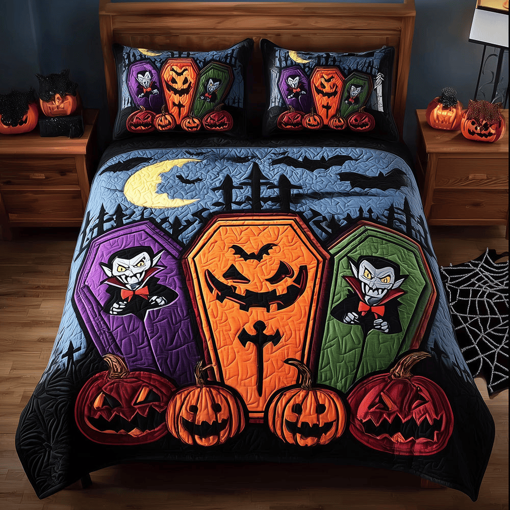Midnight Coffins Quilt Bedding Set Halloween Duvet Cover Queen