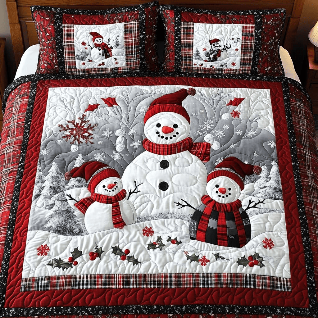 Snowman Family Quilt Bedding Set Holiday Season Duvet Covers Christmas Gifts For Grandma