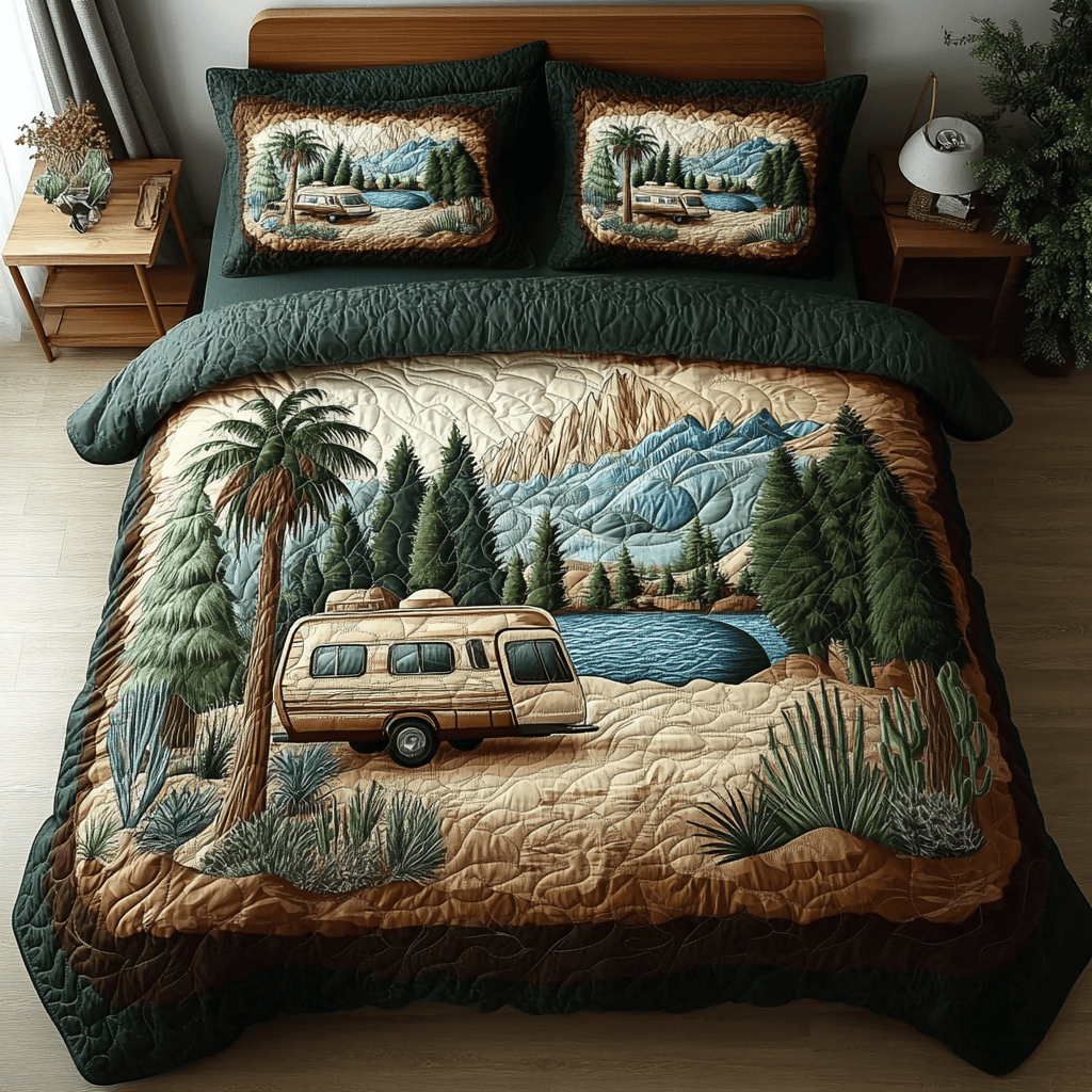 Cozy Caravan Quilt Bedding Set Queen Size Comforter Camping Gifts For Him Her
