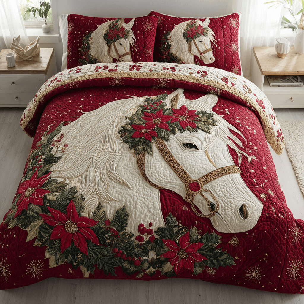 Christmas White Horse Quilt Bedding Set Twin Duvet Covers Good Family Christmas Present
