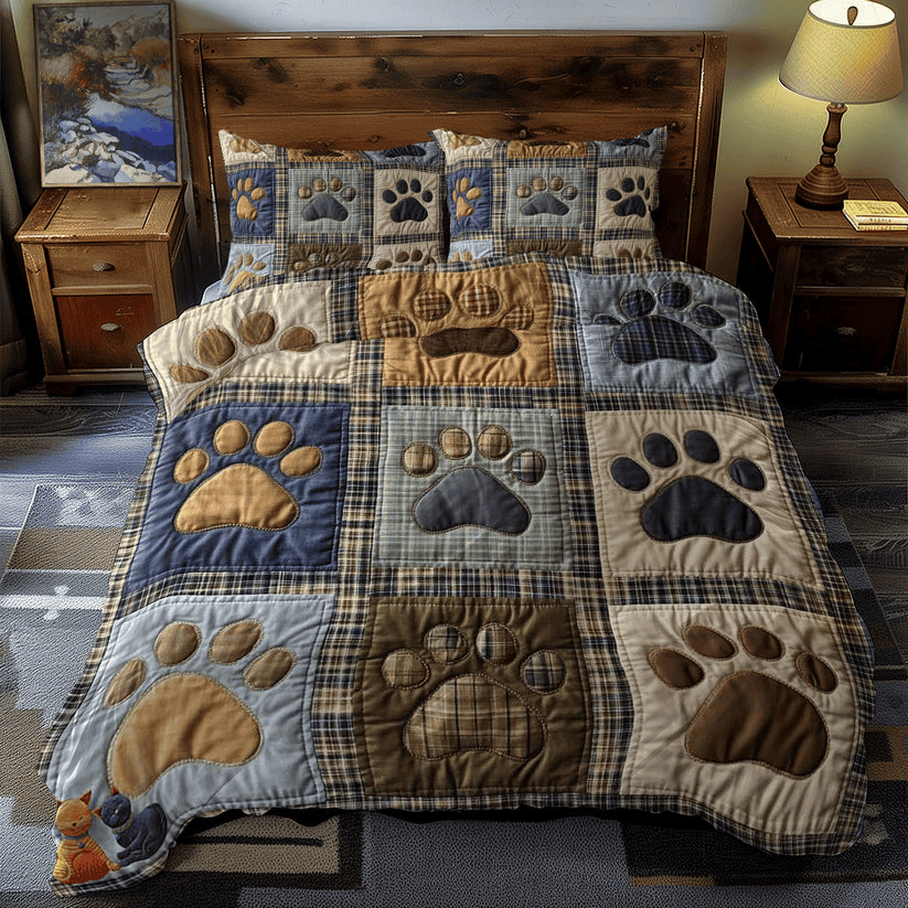 Patchwork Dog Paws Quilt Bedding Set Queen Size Comforter Set